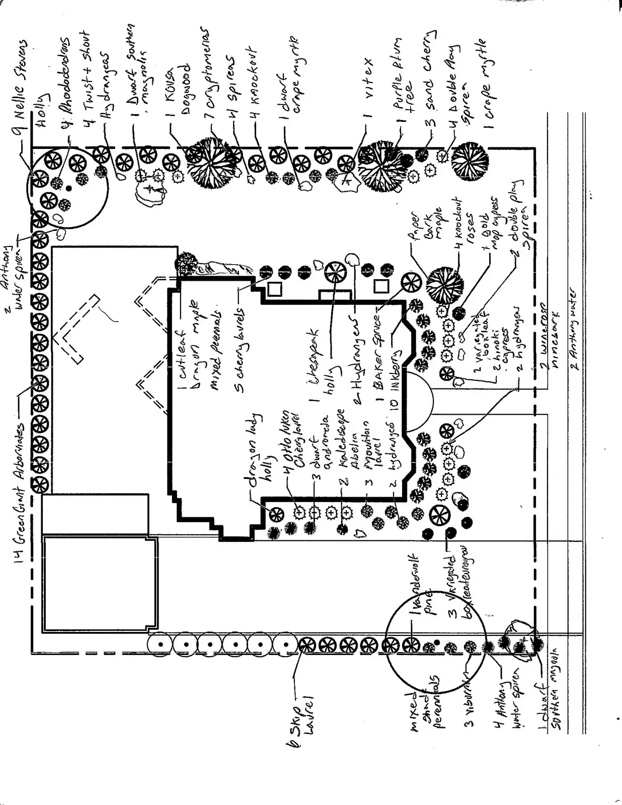 Hand drawn planting plan by Scott Anderson listing every shrub and tree around a house
