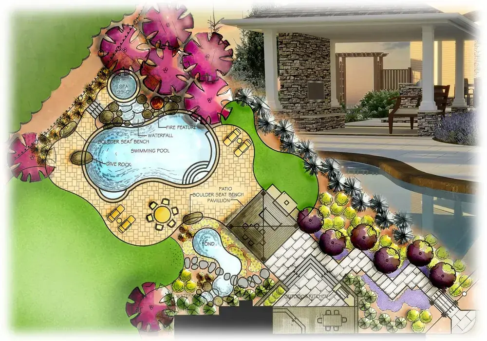 Hand drawn landscape plan by Scott Anderson for a Brookville property with pool, spa and pond